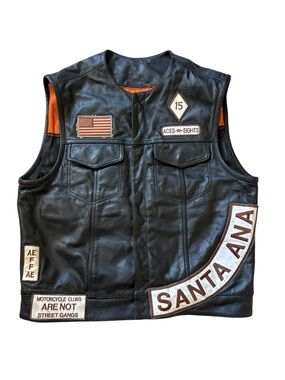 First Manufacturing Leather Biker Vest XL Black Aces-N-Eights MC Santa Ana Patch
